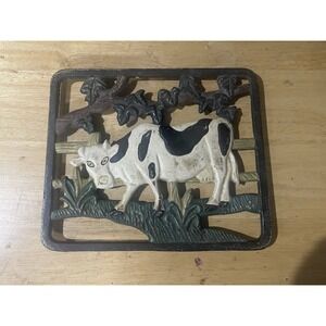 VINTAGE CAST IRON‎ JERSEY COW TRIVET HOT PAD KITCHEN DECOR PAINTED 10" X 8.5"